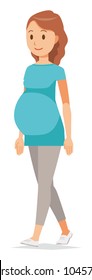 A pregnant woman wearing blue clothes is walking