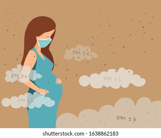 Pregnant Woman wearing dust mask protective to avoid pm 2.5 vector Air pollution vector concept