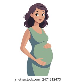 A pregnant woman, wearing a green dress, tenderly cradles her belly