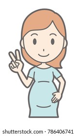 A pregnant woman wearing green dress has a peace sign