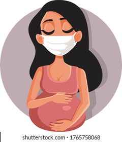 Pregnant Woman Wearing Medical Face Mask Vector Illustration. Young mother to be feeling ill from viral influenza disease

