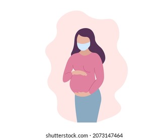 Pregnant woman wearing medical face mask and holding belly. Healthy pregnancy concept. Vector flat illustration.