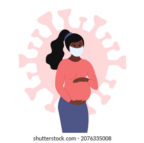 Pregnant woman wearing medical face mask and touching belly. Coronavirus covid 19 as background. Healthy pregnancy concept. Vector flat illustration.