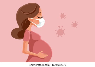 Pregnant Woman Wearing Protective Face Mask Against Viruses. Young mother to be feeling ill from viral influenza disease
