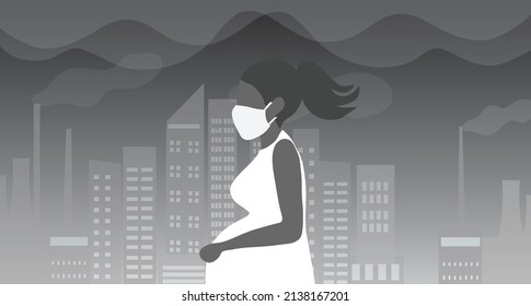 Pregnant woman wearing protective mask with city buildings and smoke dusts floating in the air.  PM2.5 pollution and covid-19  protection concept for pregnancy vector illustration.