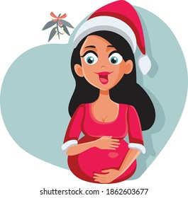 Pregnant Woman Wearing Santa Hat on Christmas. Beautiful mother to be expecting the best gift for Xmas
