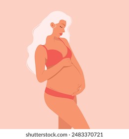 Pregnant woman with white blonde hair, future mother, hugging her belly with her arms in natural fashionable pastel colours.  Flat vector illustration.