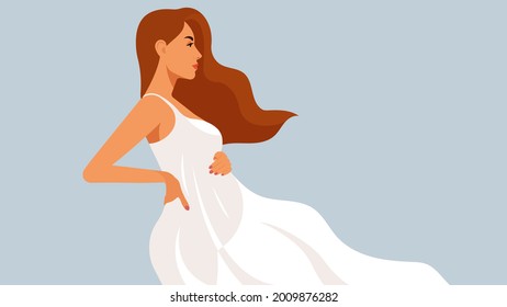 Pregnant woman in white dress. Pretty woman with her tummy. Touching belly. Realistic female portrait, caucasian ethnicity. Long fluttering dress, gorgeous hair, wind. Side view. Perfect vector. 