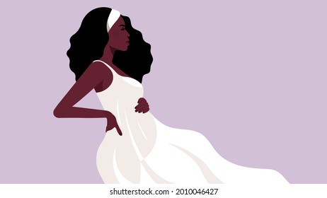 Pregnant woman in white dress. Pretty black woman with her tummy. Touching belly. Realistic female portrait, caucasian ethnicity. Long fluttering dress, gorgeous hair, wind. Side view. Perfect vector.