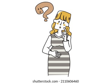 Pregnant woman who has doubts about childbirth Comical handwritten person Vector, simple coloring of line drawing
