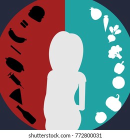 A pregnant woman who makes a choice between healthy food and fast food, drugs and alcohol . Vector illustration.