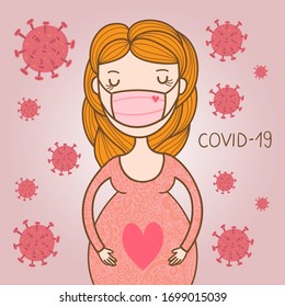 Pregnant woman who wears a protective medical mask. Vector illustration.