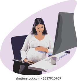 Pregnant Woman Working at Desk in Modern Office Vector Illustration