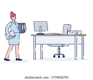 Pregnant woman working in office. Business lady on eight month on workplace. Female pregnancy and office occupation concept. Cartoon businesswoman. Linear vector illustration