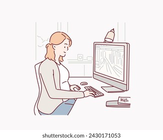 Pregnant woman working in office. Hand drawn style vector design illustrations.