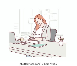 Pregnant woman working in office. Hand drawn style vector design illustrations.