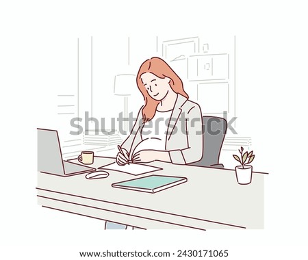 Pregnant woman working in office. Hand drawn style vector design illustrations.