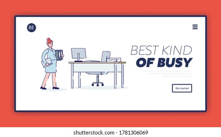 Pregnant woman working in office, template landing page design. Pregnant business lady on workplace. Motherhood, career, maternity leave and pregnancy concept. Linear vector illustration