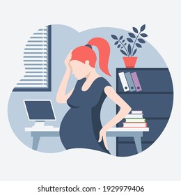 Pregnant woman working in the office. Pregnant tired woman. Flat design. Vector illustration