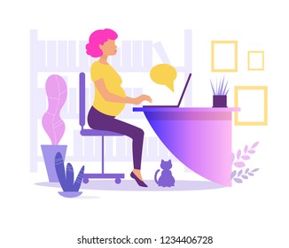 Pregnant woman working in office Vector. Cartoon. Isolated art on white background. Flat