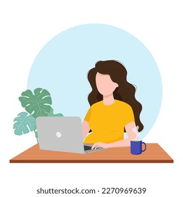 Pregnant woman working on a computer in the office or at home. Freelancer or student. Home office concept. Vector illustration in a flat cartoon style.