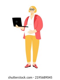 Pregnant woman working on her laptop. Expectant mother combining work and motherhood. Vector flat illustration