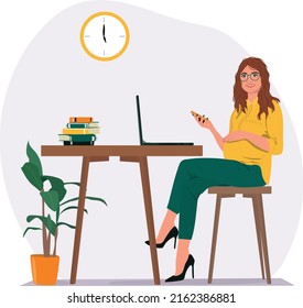 Pregnant woman working online on laptop. Cartoon character, freelancer, student. Vector illustration