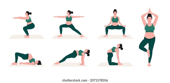 pregnant woman working out set, pregnant woman training yoga and exercises.