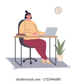  Pregnant woman working remotely during quarantine at home.Working on computer in a child care decree.Happy future mom spends time at home.Vector colorful illustration.Flat cartoon character