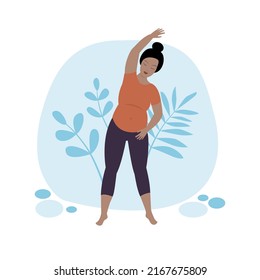 Pregnant woman workout, doing side stretch. 