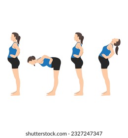 Pregnant woman workout standing on mat and doing standing bends exercise. Flat vector illustration isolated on white background