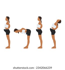 Pregnant woman workout standing on mat and doing standing bends exercise. Flat vector illustration isolated on white background