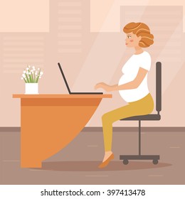 Pregnant woman works in the office. Vector isolated illustration. Cartoon character
