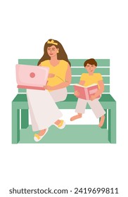 A pregnant woman works on a laptop on a park bench in the summer with her first child. Family everyday life, motherhood, combining work and caring for children. Vector color illustration.