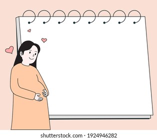 pregnant woman wrapped around her stomach illustration set. notice, hug, heart, baby, mom. Vector drawing. Hand drawn style.