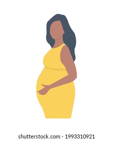 Pregnant woman in yellow dress, isolated on a white background. Silhouette of woman holding her hands on her stomach. Vector illustration