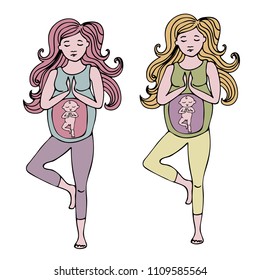 Pregnant woman in yoga pose prepearing to birth train breath and body in two color schemes vector hand drawn illustration