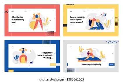 Pregnant Woman in Yoga Position Landing Page Set. Young Pregnancy Mother Exercises Aerobics. Sport Healthy Lifestyle Maternity Concept. Pregnant Girl with Belly Training Banner, Website. Vector