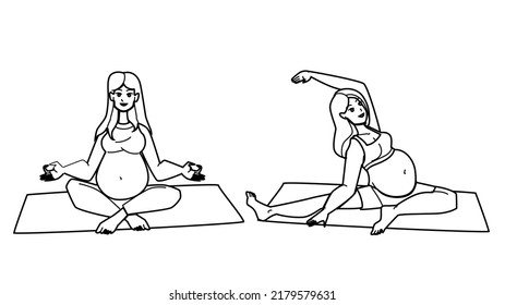pregnant woman yoga vector. pregnancy exercise, prenatal sport, mother and baby, home fitness, health pilates maternity pregnant woman yoga. people black line pencil drawing vector illustration