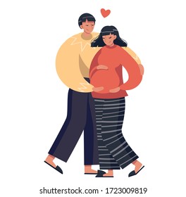 
Pregnant woman. A young couple of future parents awaiting a baby. A man gently hugs a woman. A pregnant girl stroking her tummy. Vector stock illustration. Pregnancy concept, young family, new life.
