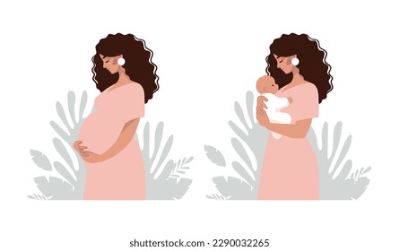 Pregnant woman, young mother with baby, motherhood and family illustration set. Flat cartoon vector illustration isolated on white background.