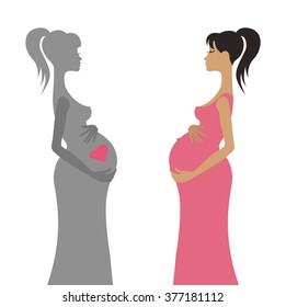 Pregnant womans in dress.Vector flat Design template,card,banner.Vector Illustration,background.Pregnant Girl expectant mother.Infographics.Fashion pregnancy vector silhouette