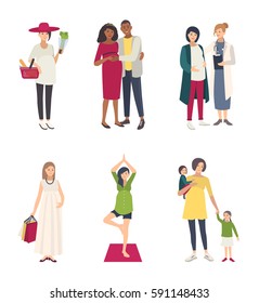 Pregnant woman's set. Different situations: with husband, shopping, yoga, with children, at the doctor. Collection flat illustrations.