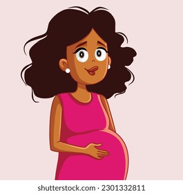 
Pregnant Women of African Ethnicity Feeling the Baby Move Vector Cartoon. Cheerful mom to be feeling excited about baby arrival 
