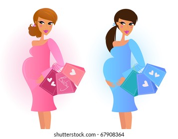 Pregnant women awaiting baby boy and baby girl. Vector Illustration.