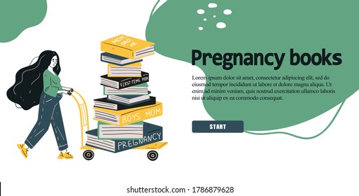 Pregnant women books sale concept for web page, banner, presentation, social media, documents, cards, posters. Flat style Vector cartoon illustration with a young expectant mother, a cart, book.