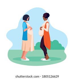 pregnant women cartoons at park design, Belly pregnancy maternity and mother theme Vector illustration