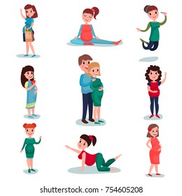 Pregnant women characters in different poses set. Pregnancy time. Happy mom expecting baby, touching belly, shopping, eating, walking, doing exercise, waving hand. Beautiful mother. Flat vector