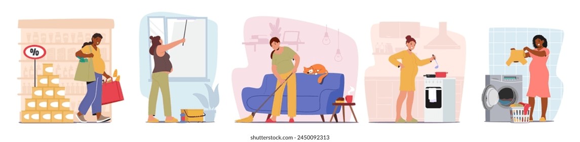 Pregnant Women Characters Engage In Household Activities Such As Cooking, Cleaning, Shopping And Nesting, Prioritizing Tasks While Ensuring Their Comfort And Wellbeing. Cartoon Vector Illustration