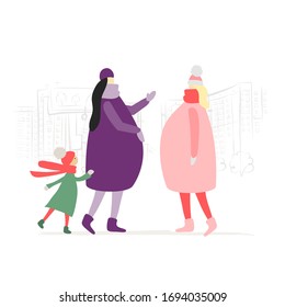 Pregnant Women with Child Talking on the city street. Winter Season. Happy pregnancy. Vector illustration